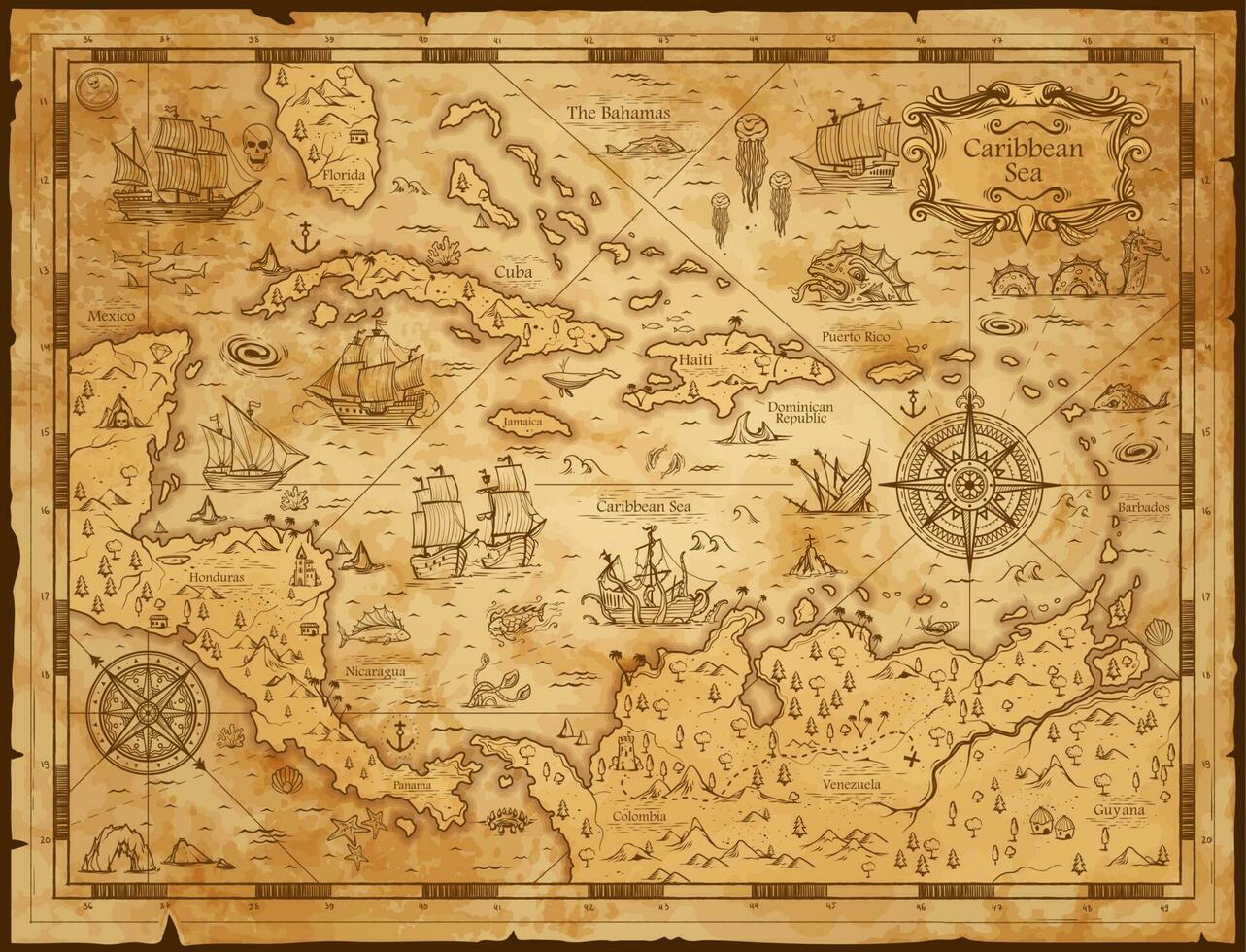 velho vintage mapa do caribe mar, desgastado pergaminho vetor