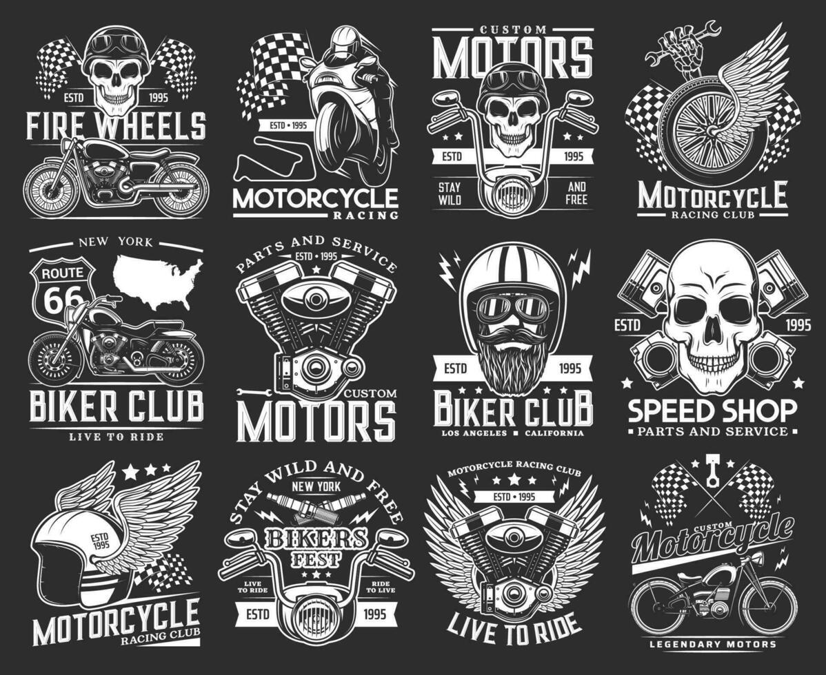 motocicleta corridas, motociclista clube crânio emblemas, esporte vetor