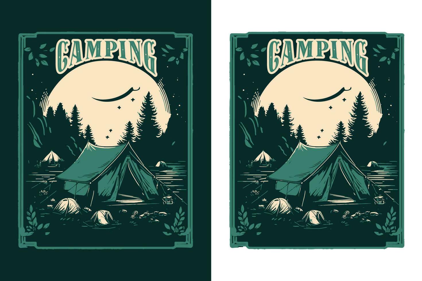 acampamento camiseta projeto, viagem camiseta imprimir, aventura montanha, sublimação imprimir, Projeto ar livre, barraca acampamento dentro uma floresta perto a montanhas vetor