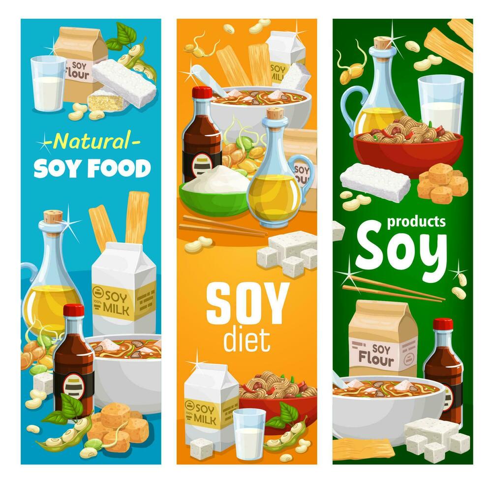 soja e soja vegano produtos vetor faixas conjunto