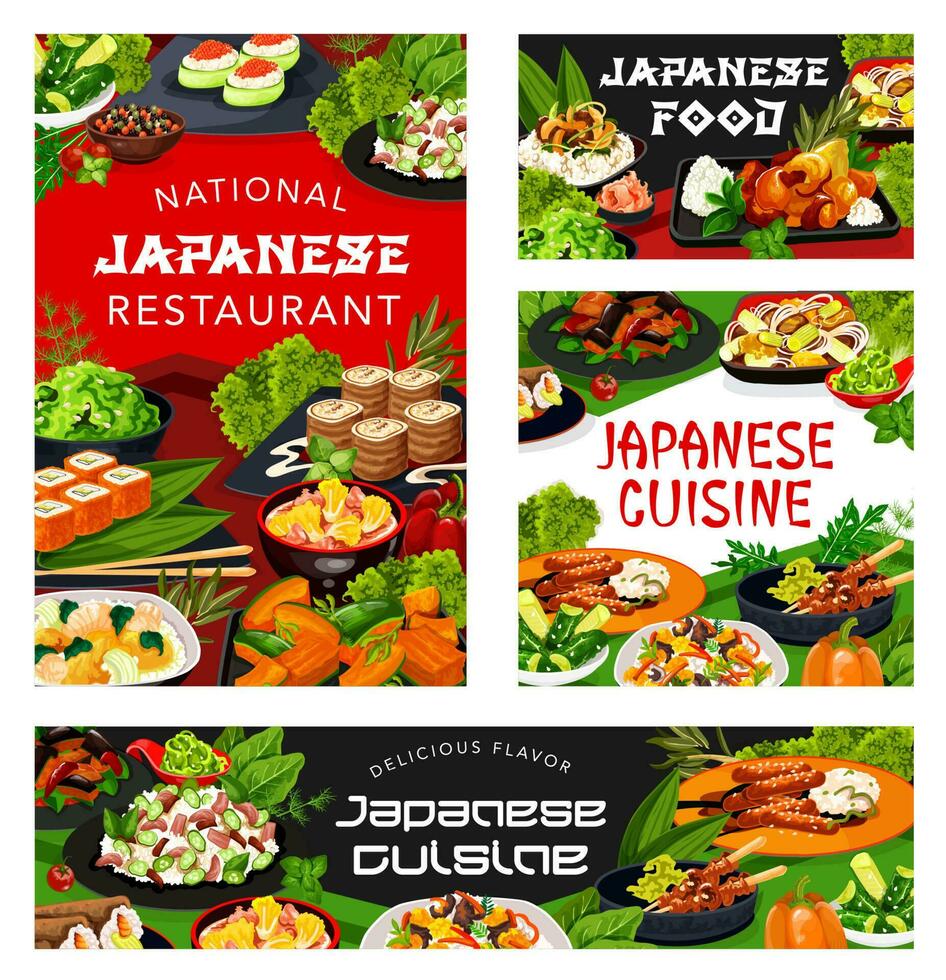 japonês cozinha arroz, peixe, carne, vegetal prato vetor
