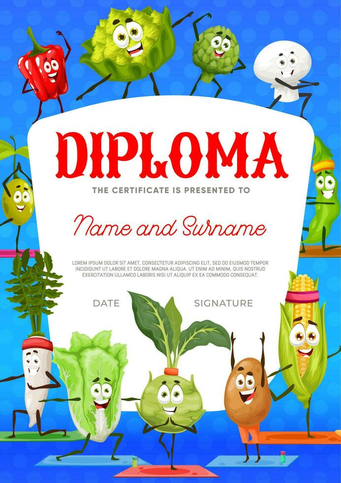 diploma certificado, legumes dentro ioga poses vetor