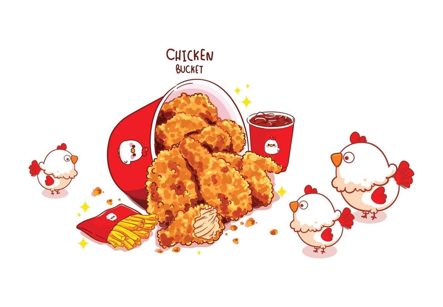 balde e coxinhas de frango frito e ilustração da arte dos desenhos animados de frango vetor