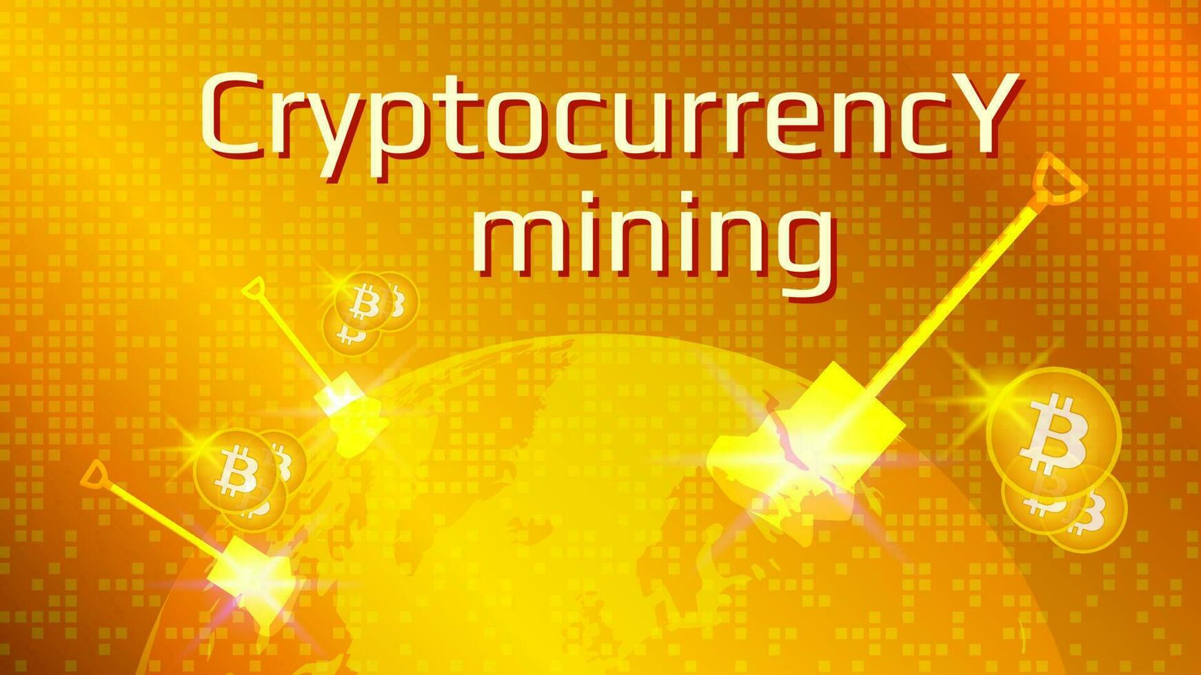 criptomoeda mineração texto, planeta terra com pás e bitcoin moedas em uma ouro fundo. mineração digital ouro. vetor eps10.