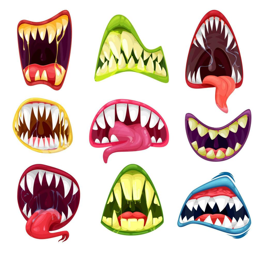 monstro bocas com dentes e línguas, desenho animado conjunto vetor