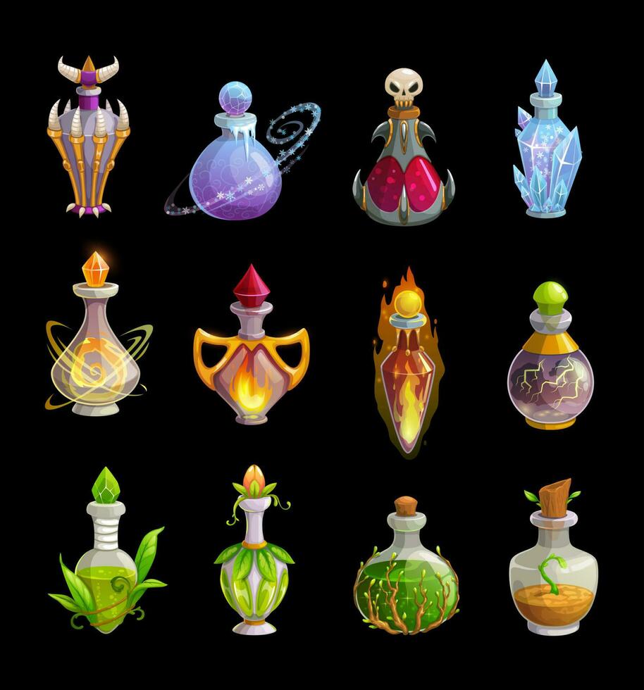 poção garrafas vetor ícones, Magia elixir frascos