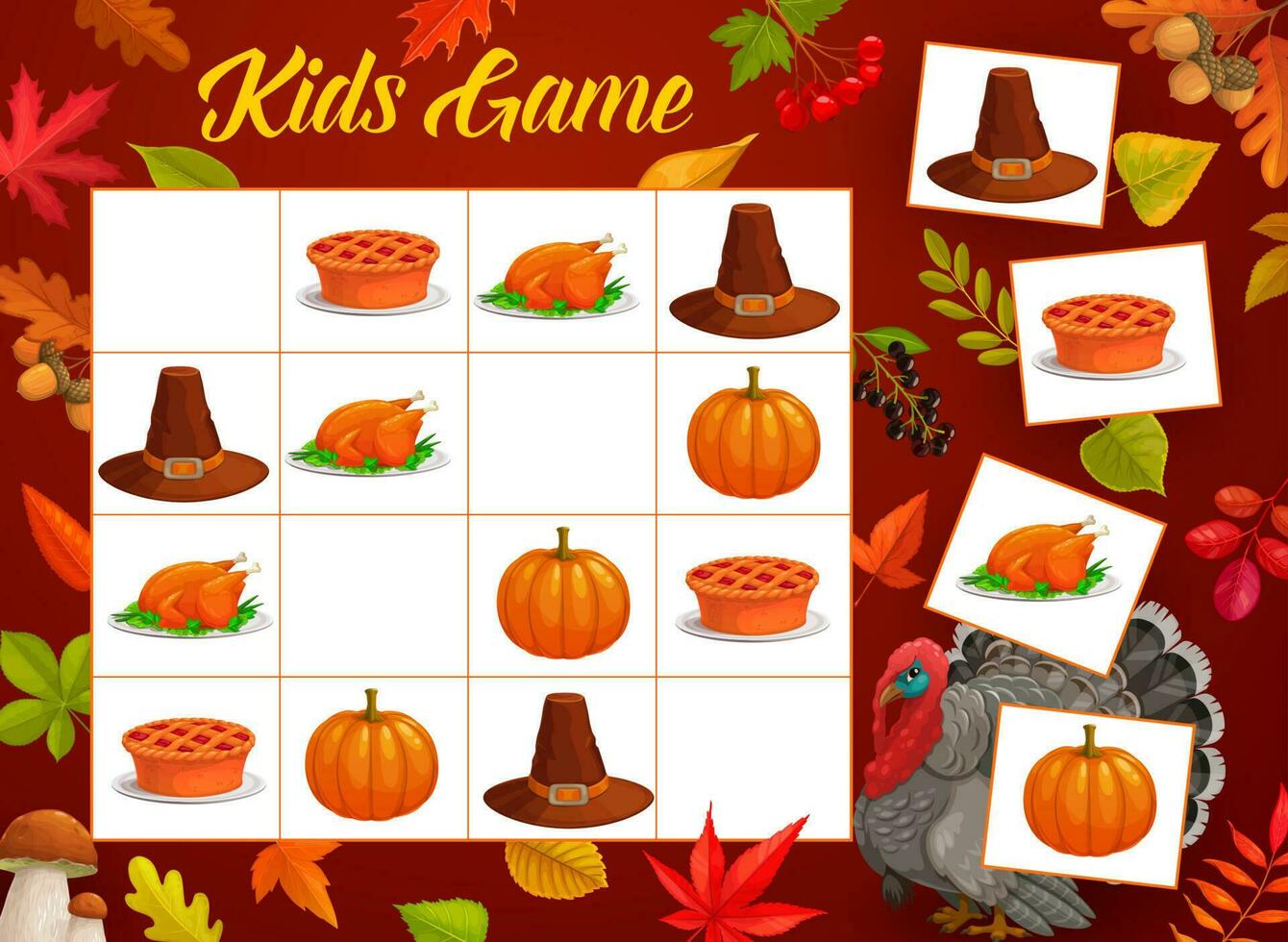 Ação de graças sudoku, crianças jogos com outono folhas vetor