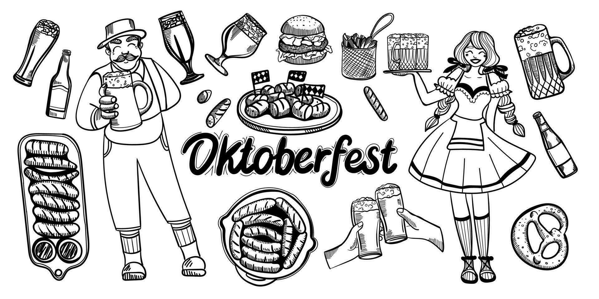 oktoberfest Comida e símbolos coleção. vetor oktoberfest objetos e ícones com letras inscrição bem-vinda para oktoberfest. cerveja, chapéu, carne,, quente cachorro, salsichas, etc.