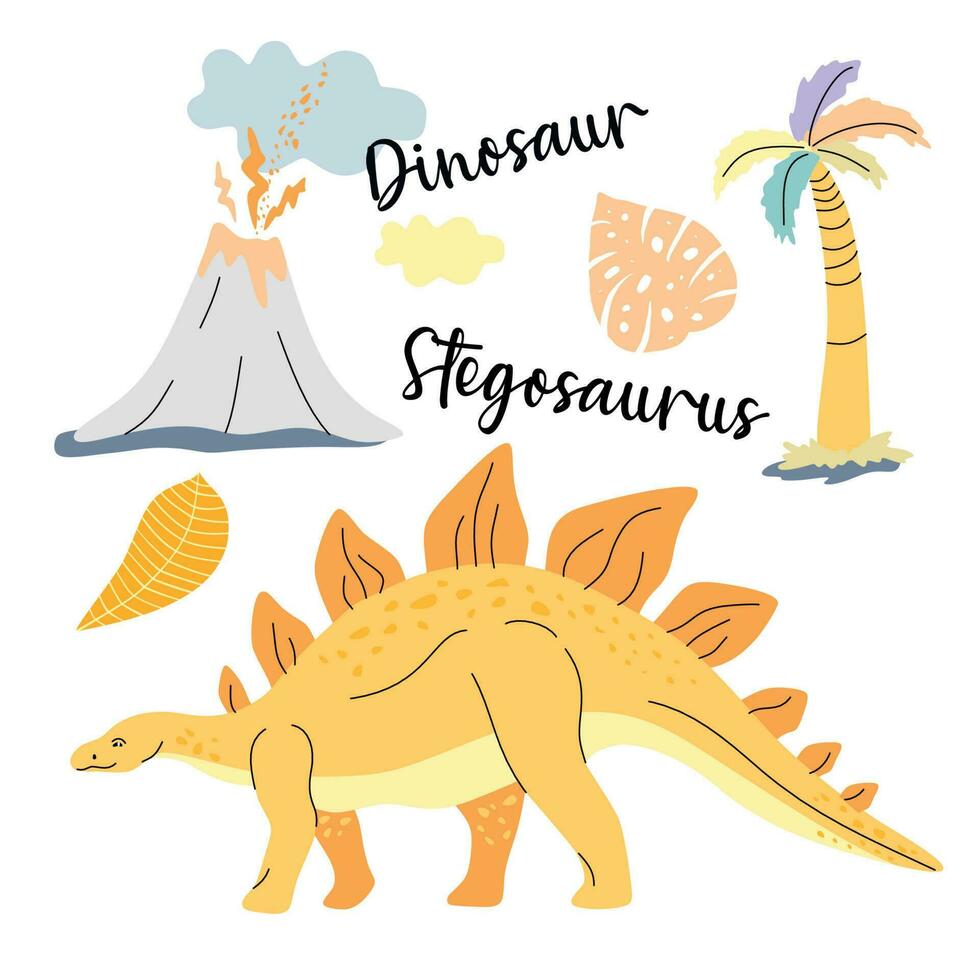 fofa dinossauro desenhado Como vetor em branco para crianças moda. Palma e vulcão. estegossauro.
