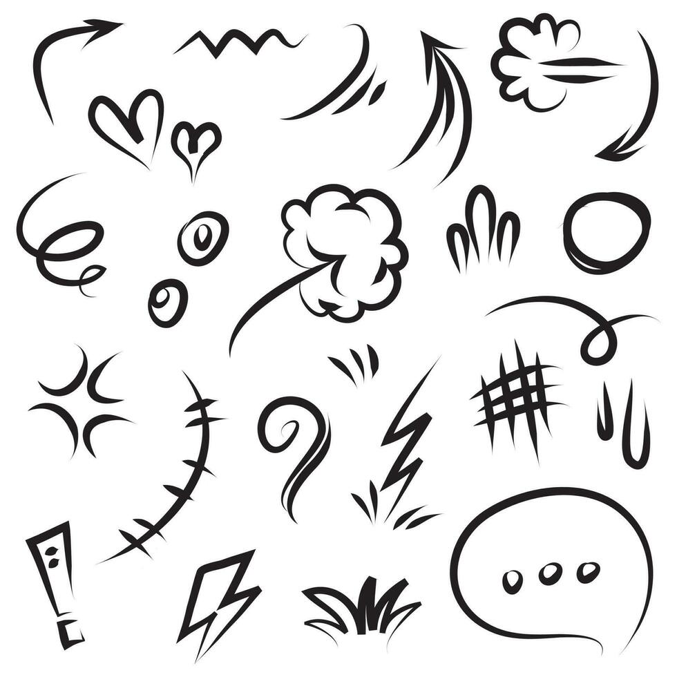 conjunto de vetores de doodle de sinal de expressão de desenho animado desenhado à mão, setas direcionais de curva, elementos de design de efeitos de emoticon, símbolos de emoção de personagem de desenho animado, linhas de traçado de pincel decorativas fofas.