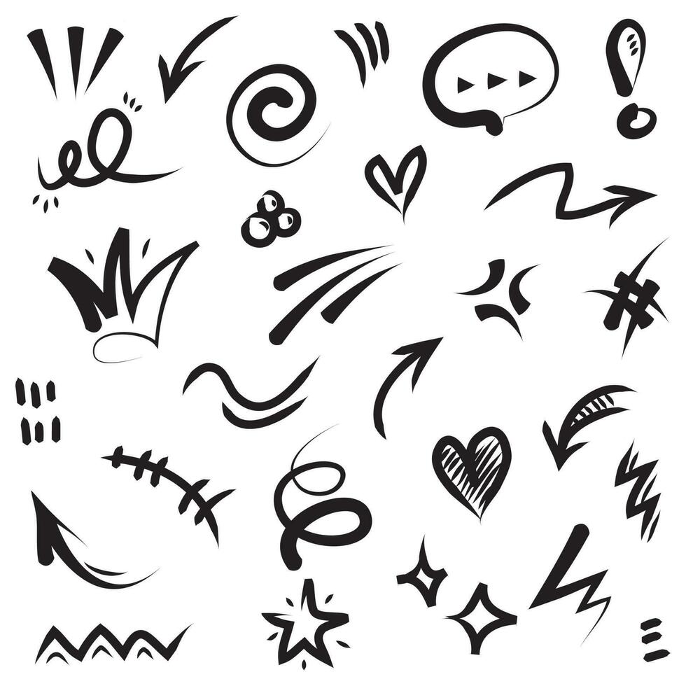 conjunto de vetores de doodle de sinal de expressão de desenho animado desenhado à mão, setas direcionais de curva, elementos de design de efeitos de emoticon, símbolos de emoção de personagem de desenho animado, linhas de traçado de pincel decorativas fofas.