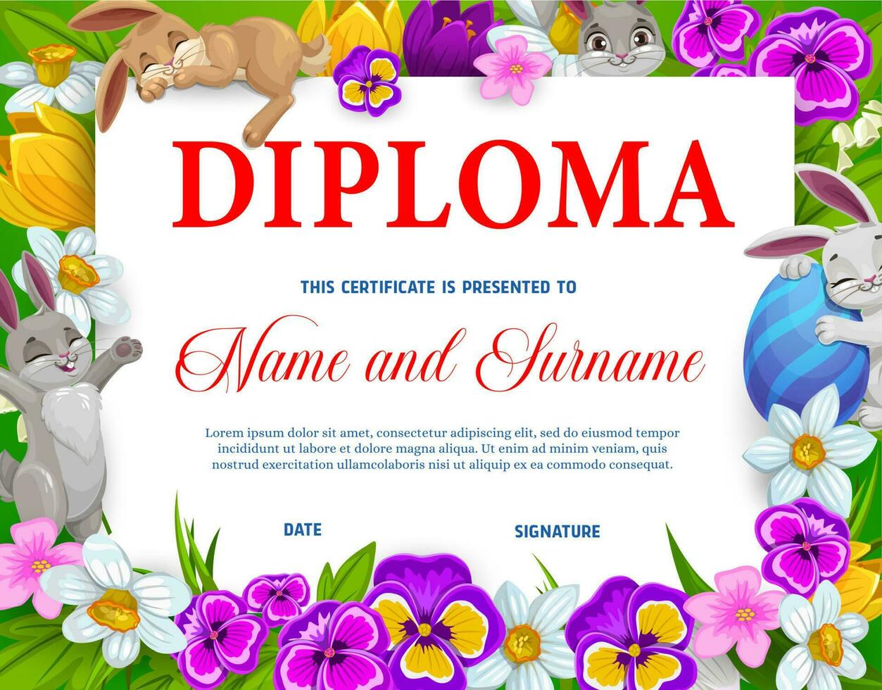 crianças Educação diploma com Páscoa ovos, coelhos vetor