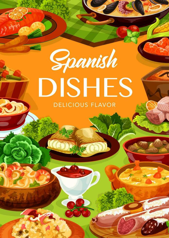 espanhol Comida cozinha cardápio, tapas e paella prato vetor