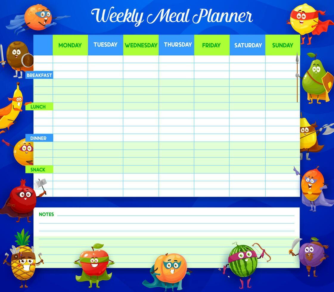 semanal refeição planejador, vetor calendário, semana plano