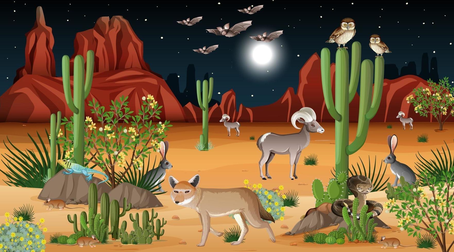 paisagem da floresta do deserto à noite com animais selvagens vetor