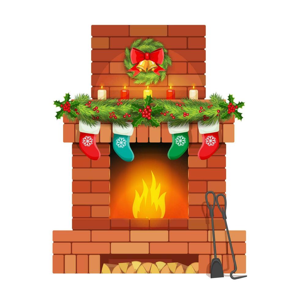 tijolo Natal lareira com feriado decorações vetor