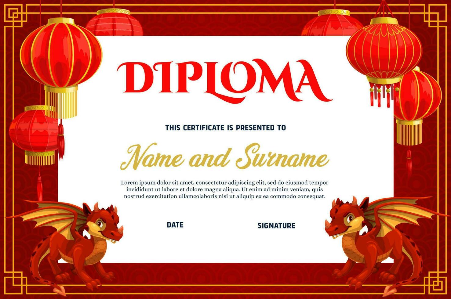 crianças diploma com oriental lanternas e dragões vetor