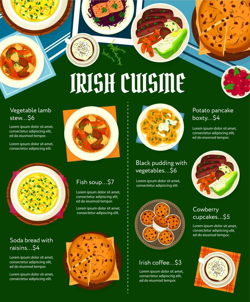 irlandês cozinha vetor cardápio com Irlanda Comida refeições