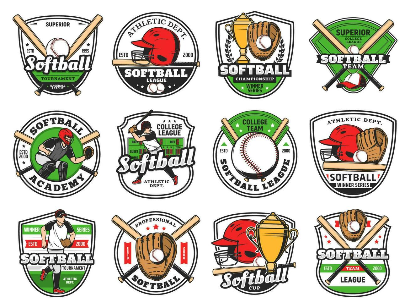 softbol, beisebol clube emblemas, bastão e bola equipe vetor