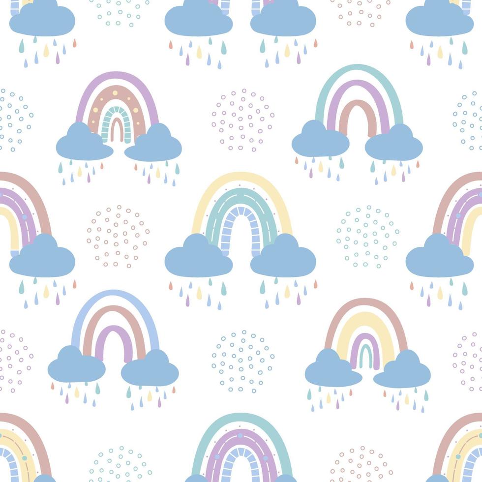 arco-íris abstrato com nuvens e gotas de chuva, rabiscos e círculos em um padrão uniforme. padrão de crianças em tons pastel suaves. ilustração vetorial desenhada à mão vetor