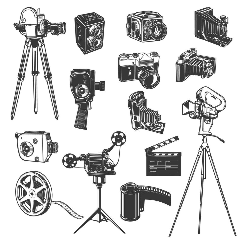 filme estúdio equipamento, filme tiroteio retro ícones vetor