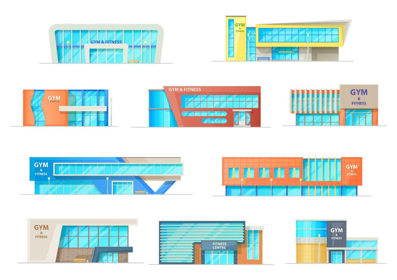 Academia ou ginástica Centro edifícios vetor fachadas conjunto