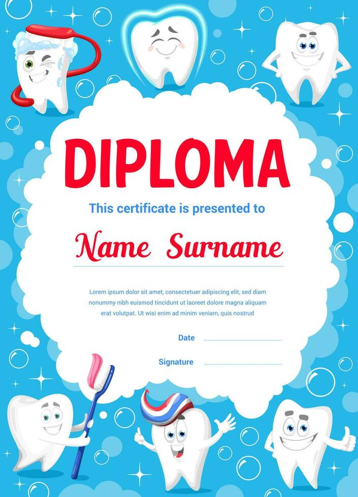 dental Cuidado diploma, desenho animado dentes e escova de dente vetor