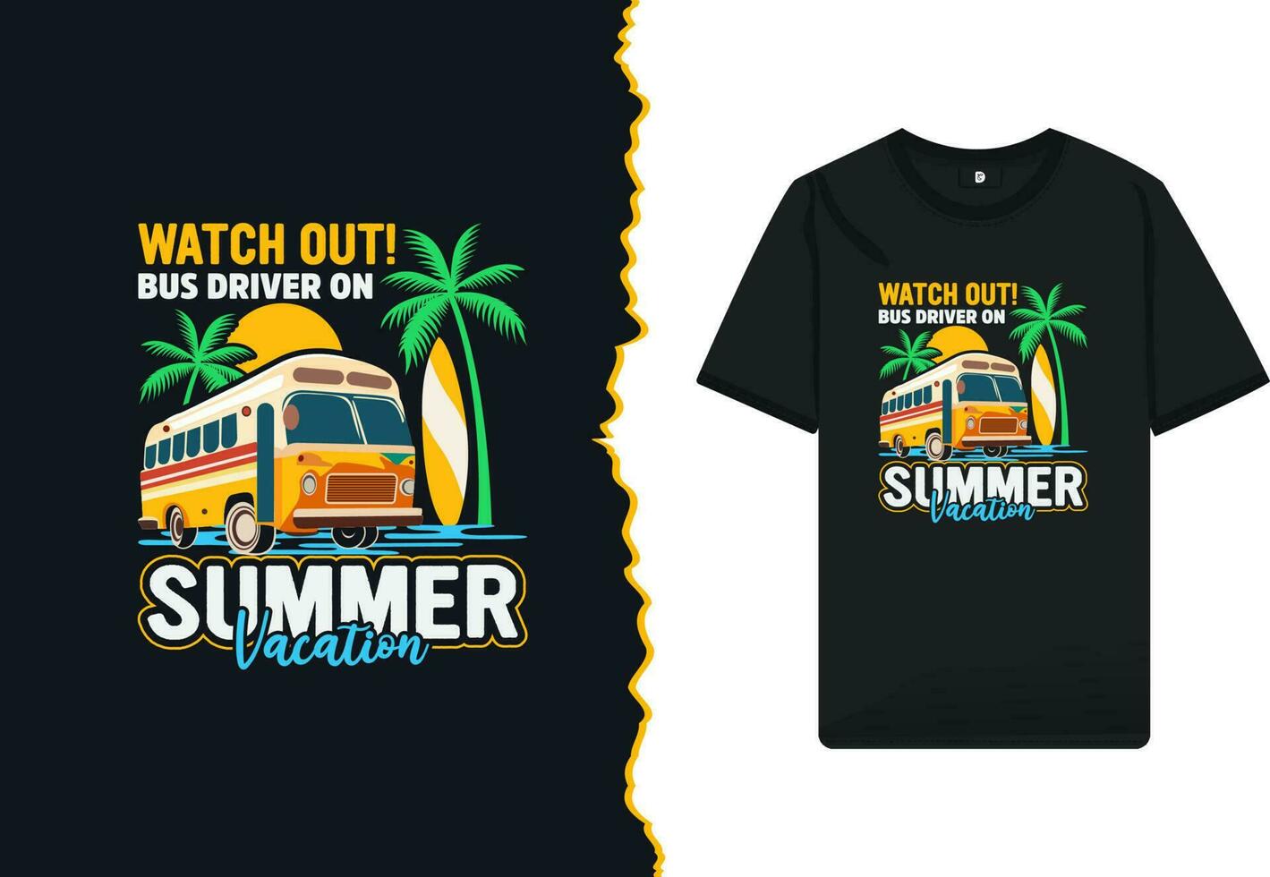 verão período de férias de praia viagem camiseta Projeto vetor modelo. gráfico ilustração com uma ônibus, Palma árvore, prancha de surfe, e nascer do sol tema. isto pode estar usava para crianças, camisas, canecas, e de outros impressão Unid.