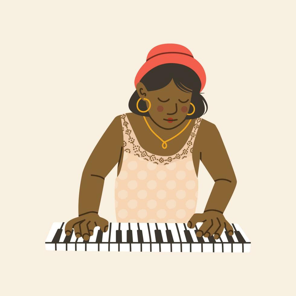 mulher músico. a menina é uma pianista. uma Preto mulher dentro uma chapéu tocam a piano. vetor ilustração isolado em branco fundo.