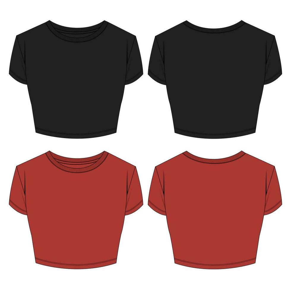 curto manga t camisa tops blusa técnico desenhando moda plano esboço vetor ilustração Preto e vermelho cor modelo para senhoras isolado em branco fundo.