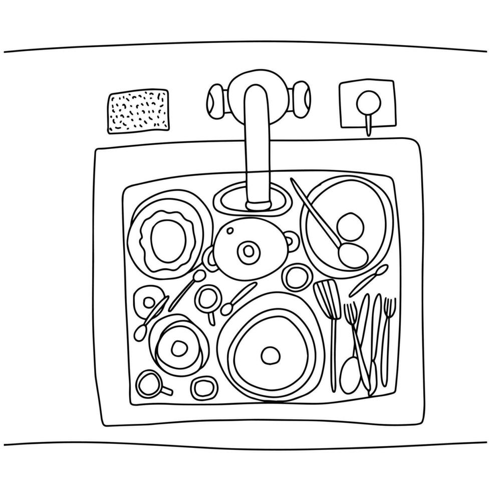 coloração página com cozinha Pia e sujo pratos topo visualizar. vetor mão desenhado Pia com sujo prato coloração página para crianças e adultos