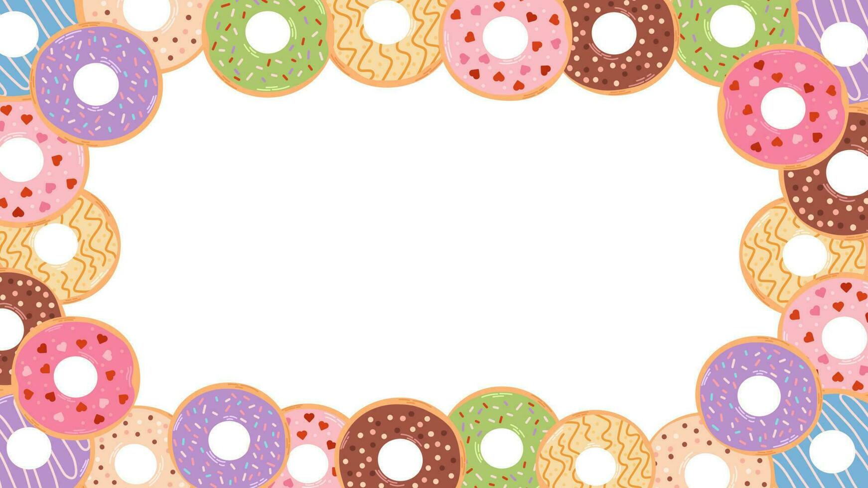 fundo do colorida rosquinhas com Lugar, colocar para texto útil para usar para Projeto do cafeteria, cardápio, promo bandeira, vendas. vários tipos do rosquinhas dentro Esmalte e chocolate. plano vetor desenho animado ilustração.