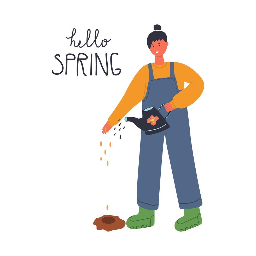 mulher feliz de macacão derrama água de um regador e planta sementes, text hello spring flat illustration vetor