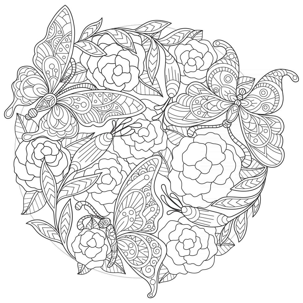 borboleta no jardim de rosas, esboço desenhado à mão para livro de colorir adulto vetor