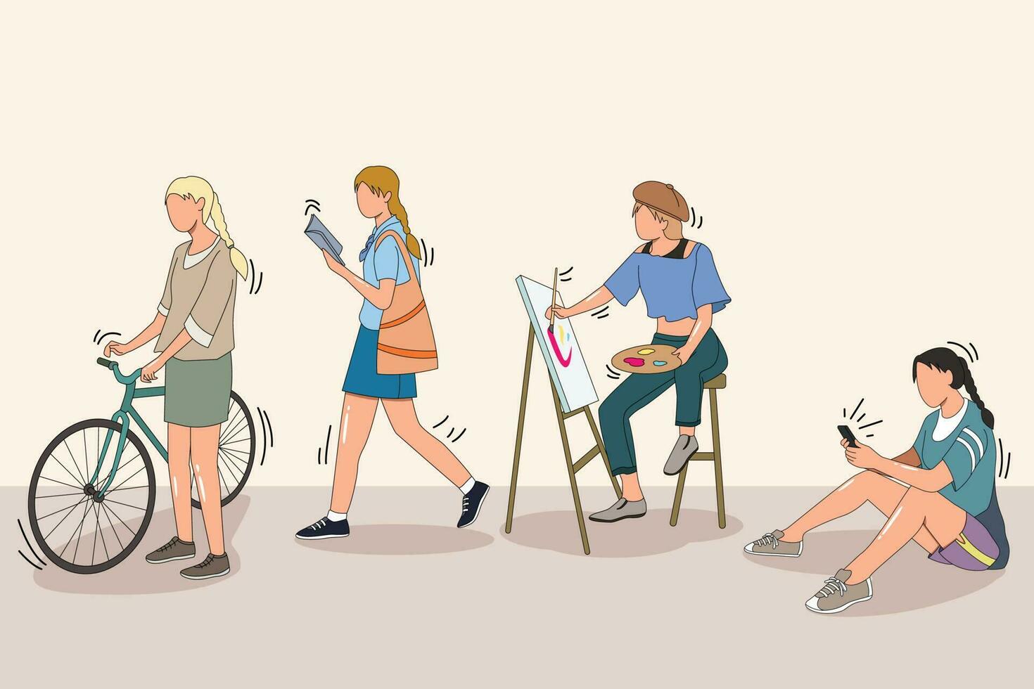 jovem menina hobbies Atividades, senhora atividade personagens desenho animado ,na moda 1 linha desenhar Projeto vetor ilustração