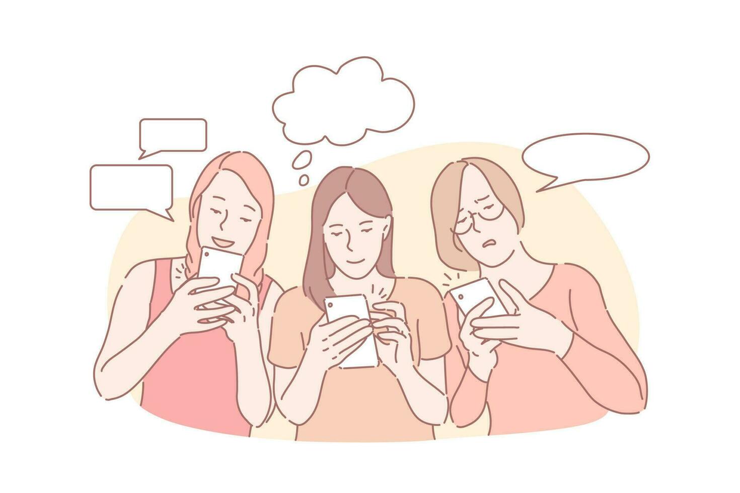 conectados comunicação, correspondência, mensagem aplicativo conceito. Mensagens, conversando, positivo e negativo emoções, Boa e mau notícias, jovem mulheres com smartphones e discurso bolhas. simples plano vetor