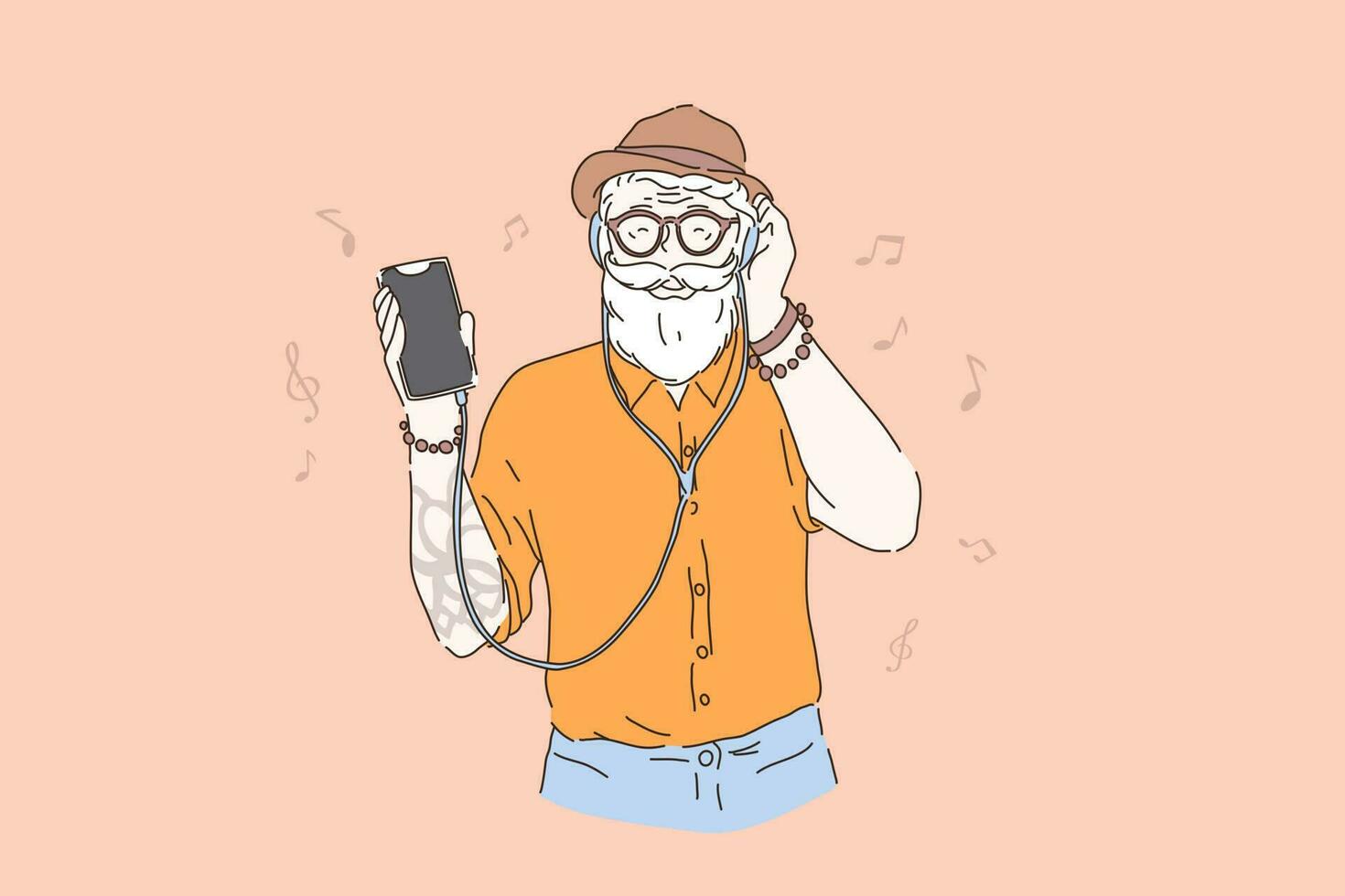 vigoroso velho idade, jovem dentro coração idosos pessoa conceito. velho hipster ouvindo para música, à moda barbudo homem dentro chapéu e fones de ouvido segurando Smartphone. simples plano vetor
