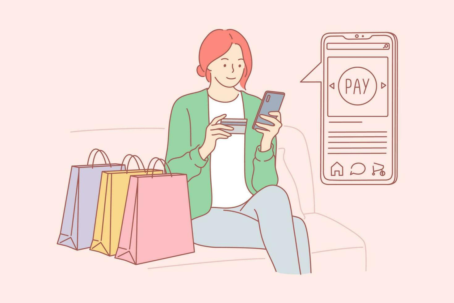 compras, tecnologia, quarentena conceito. jovem feliz mulher menina desenho animado personagem comprando roupas alimentos remotamente com plástico cartão e Smartphone. conectados cliente serviço em coronavírus confinamento. vetor