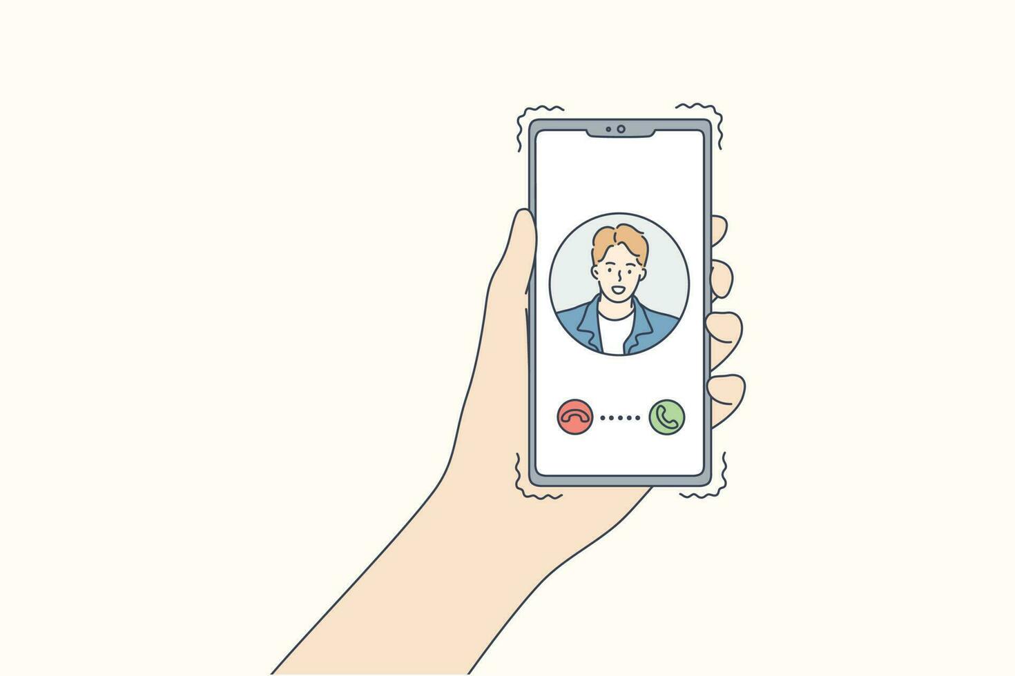 tecnologia, comunicação, chamando, conectados conceito. humano mãos aguarde Smartphone com entrada vídeo ligar do jovem homem garoto. controlo remoto conversando dentro social meios de comunicação rede inscrição em coronavírus confinamento. vetor