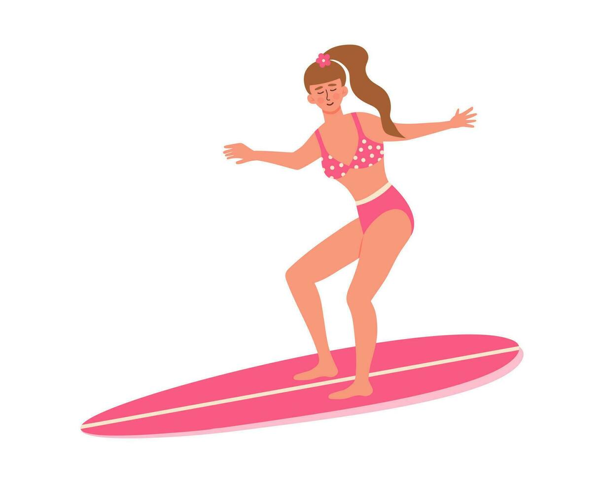 lindo mulher dentro roupa de banho em prancha de surfe. de praia surfista garota. ativo verão, saudável estilo de vida, surf, verão período de férias conceito vetor