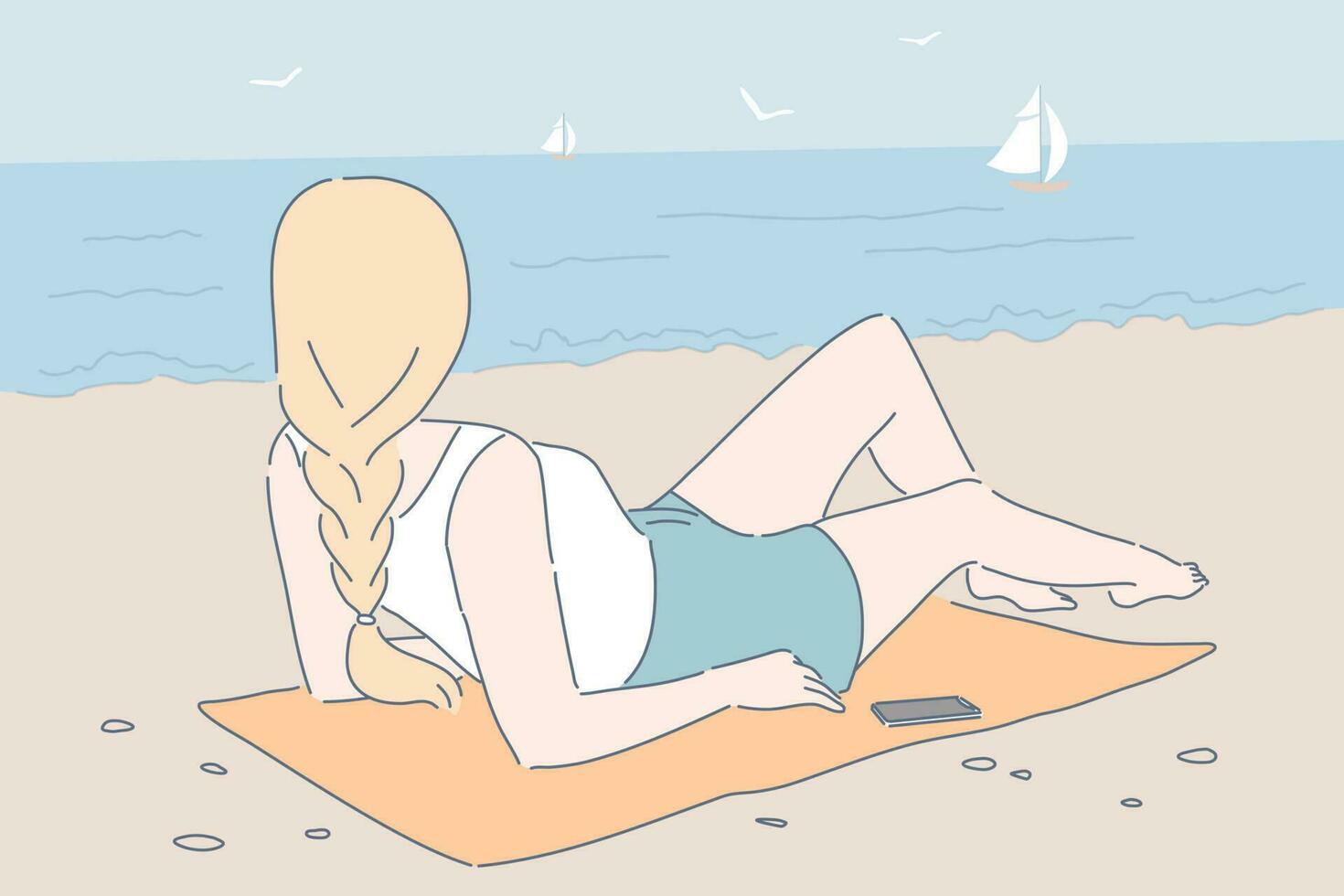 verão férias, beira-mar lazer, horário de verão relaxar conceito. lindo menina desfrutando solidão, assistindo marinha com veleiros e gaivotas. jovem senhora banhos de sol em areia. simples plano vetor
