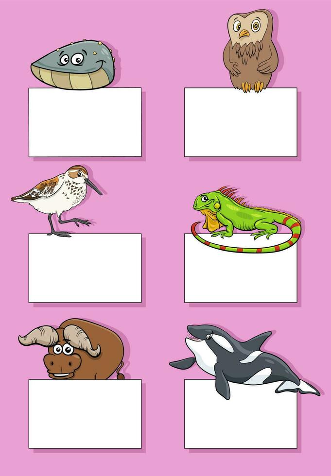 desenho animado selvagem animais com cartões ou faixas Projeto conjunto vetor
