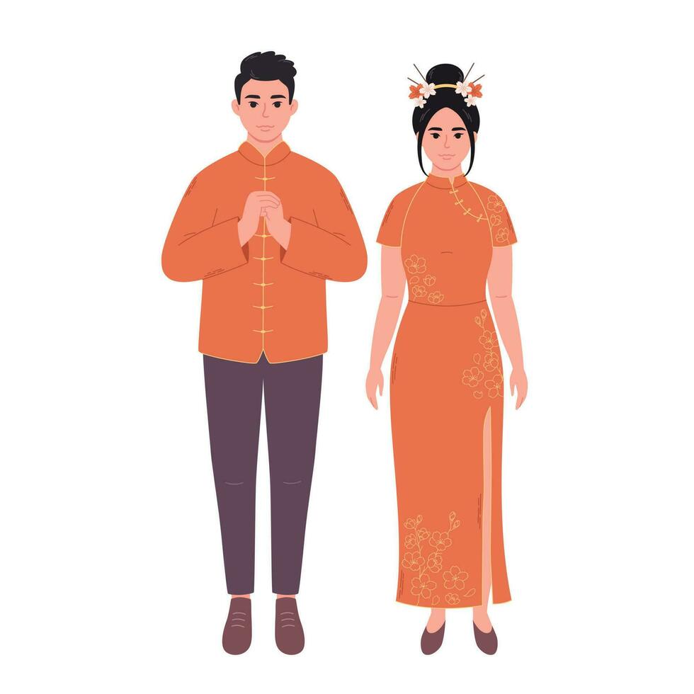 chinês casal dentro tradicional roupas. ásia homem e mulher, ásia cultura, etnia. vetor