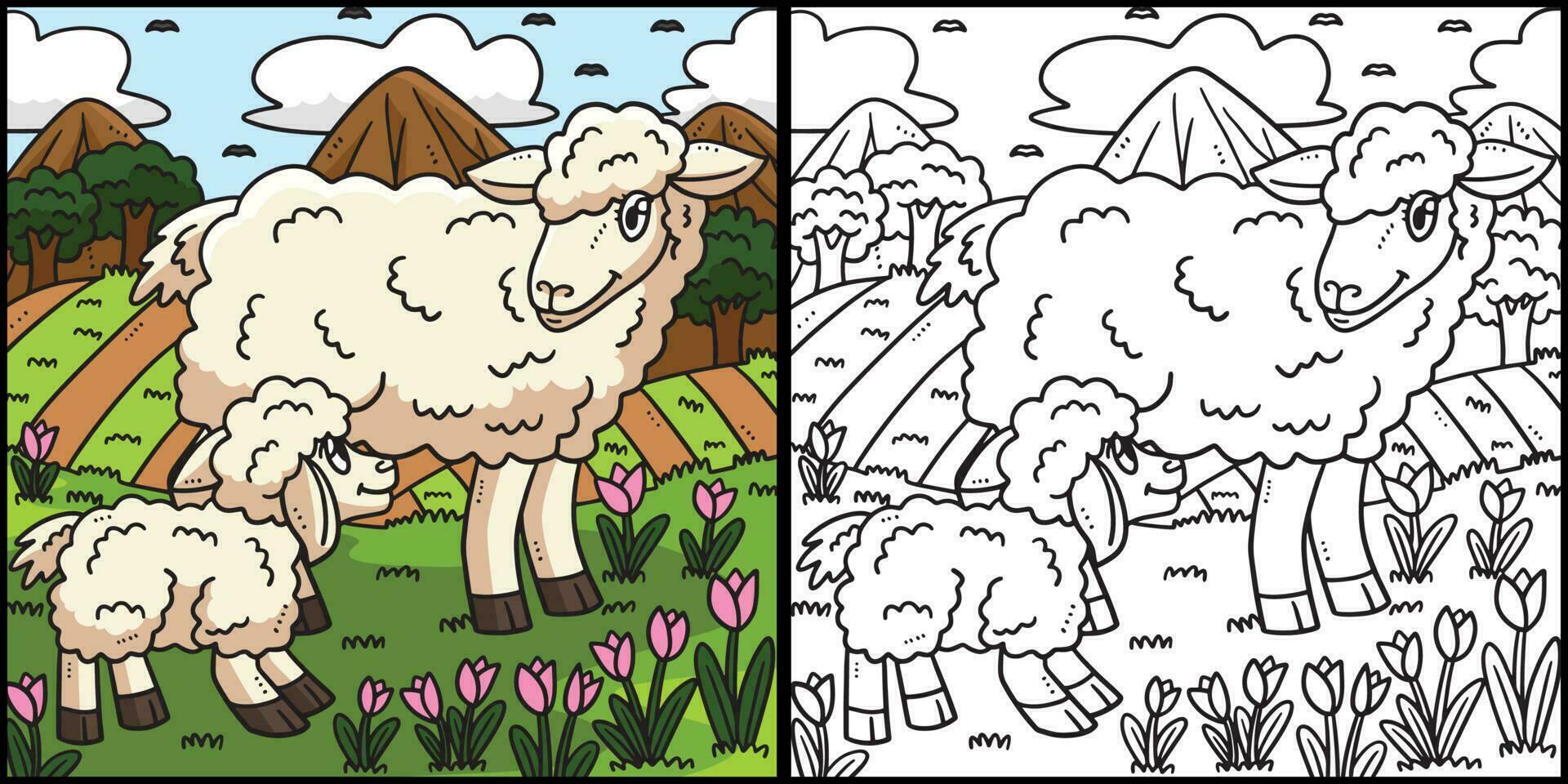 mãe ovelha e Cordeiro coloração página ilustração vetor