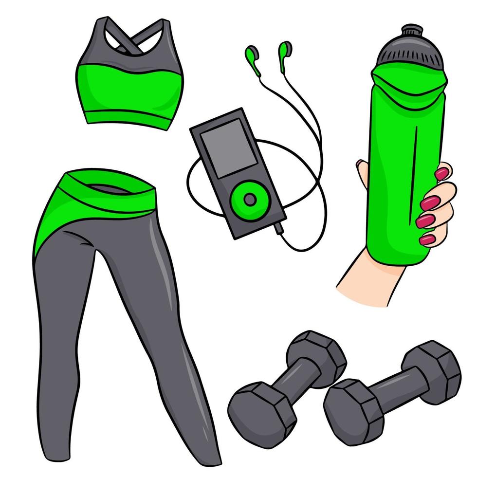 conjunto de acessórios de fitness em estilo cartoon vetor