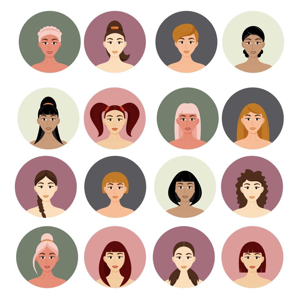 conjunto de avatar de penteados de mulheres. lindas garotas com diferentes estilos de cabelo isolados em um fundo branco vetor