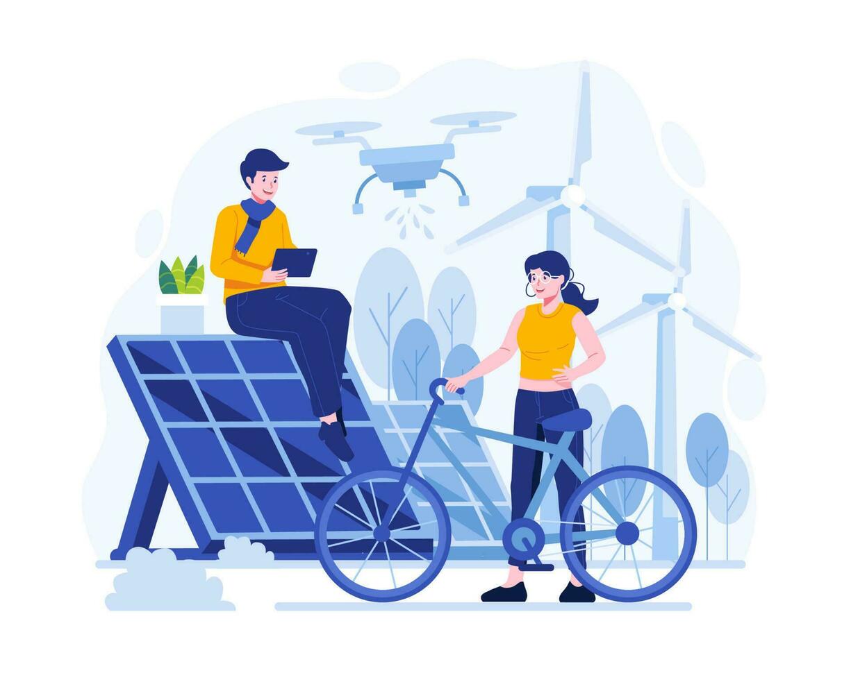 mundo meio Ambiente dia. pessoas com ecológico atividade. solar energia, bicicleta. vetor ilustração