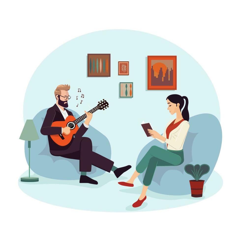 homem e mulher sentado em a sofá e jogando guitarra dentro a vivo sala. plano vetor ilustração.