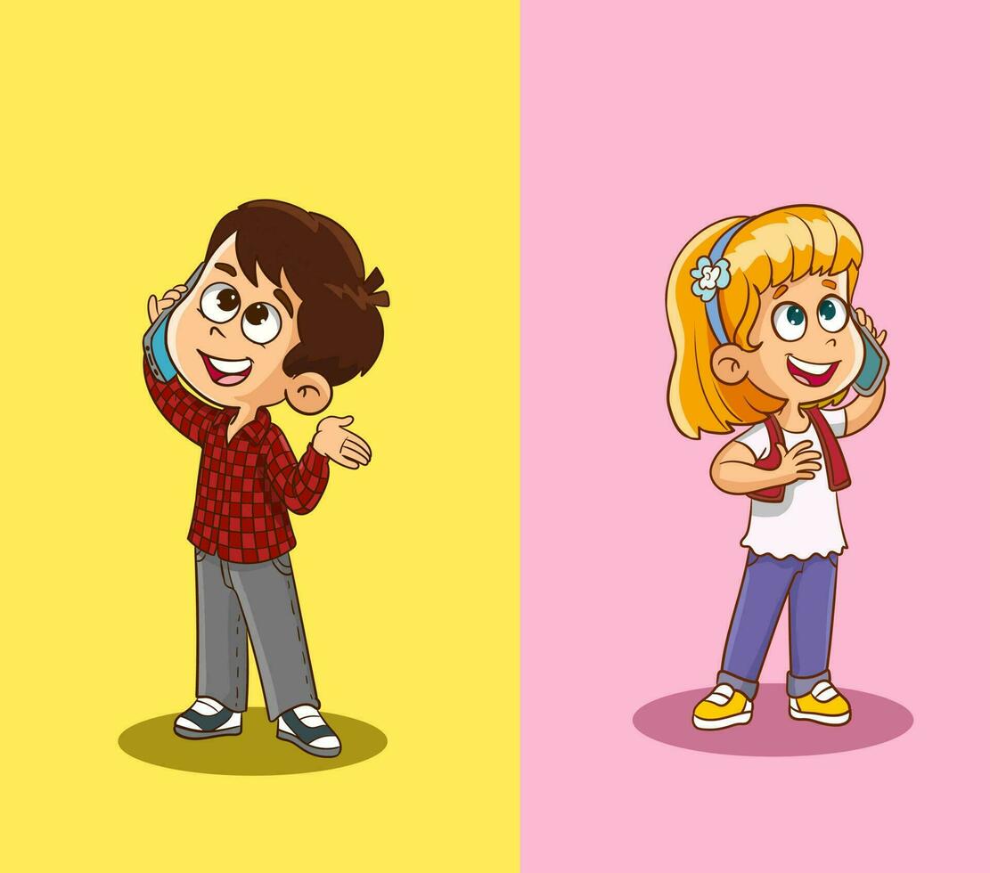 crianças menina e Garoto falando em uma Móvel célula inteligente telefones. plano estilo personagem vetor ilustração isolado em colorida fundo.
