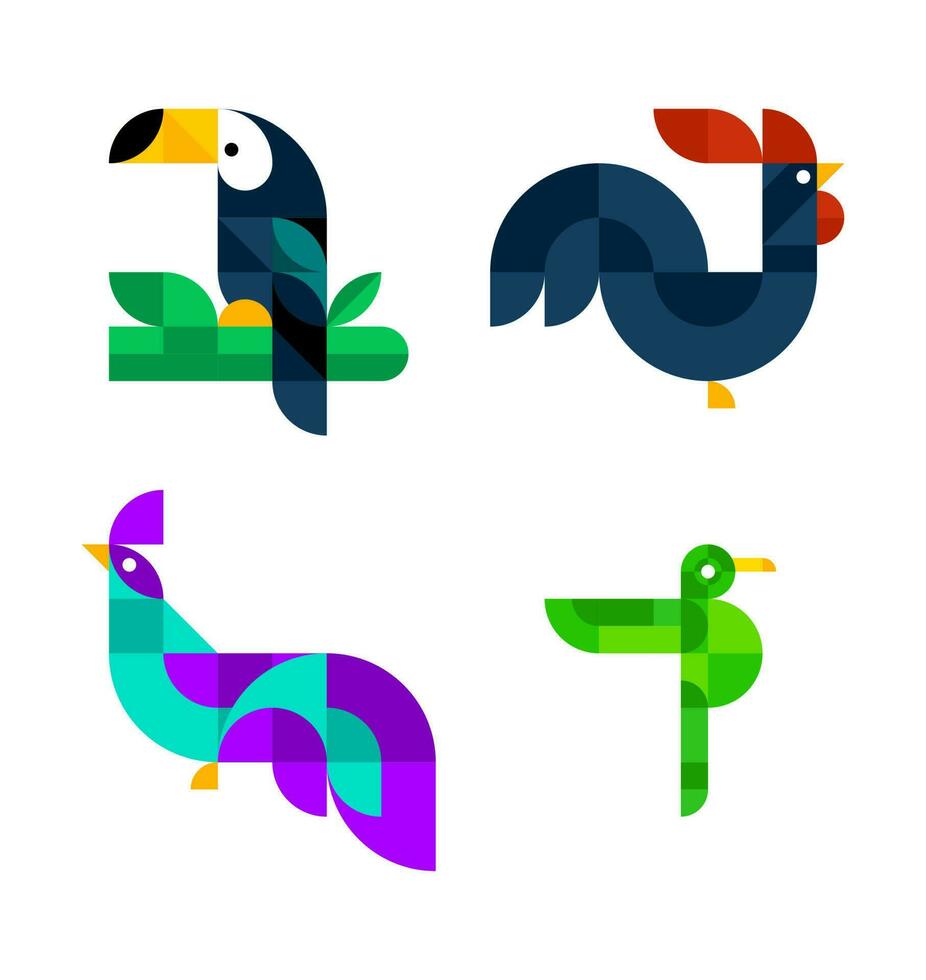 vetor conjunto do pássaros com simples minimalista geométrico formas. modelo do tucano, galo, faisão, beija Flor. colorida mosaico do quadrado, retângulo, círculo. isolado plano abstrato ilustração